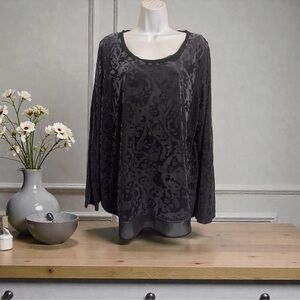 Simply Vera Vera Wang XL Black Burnout Velvet Sheer Scoop Neck Long Sleeve Top